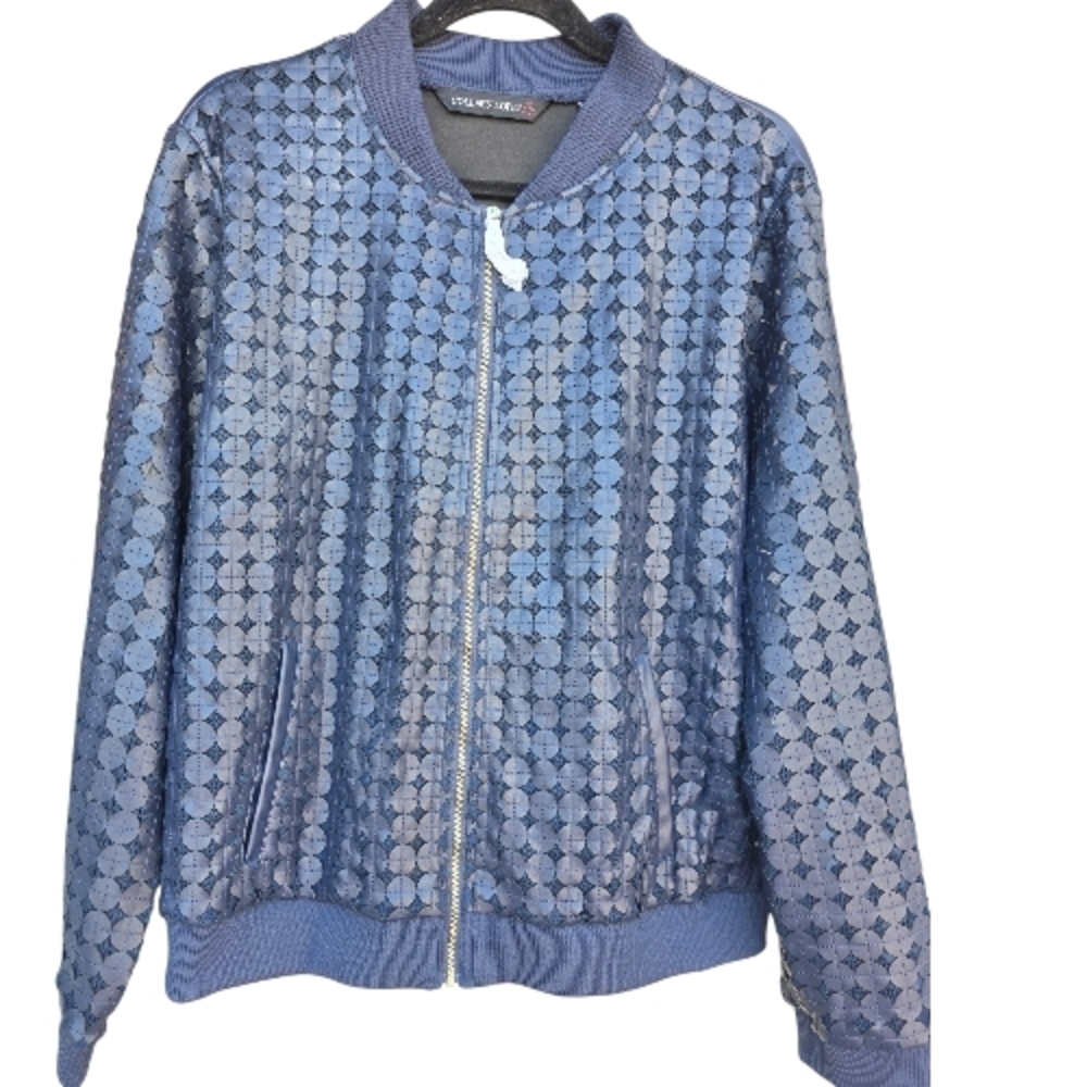 Colleen Lopez Navy Perforated Geometric Zip Long Sleeves Jacket Size XL